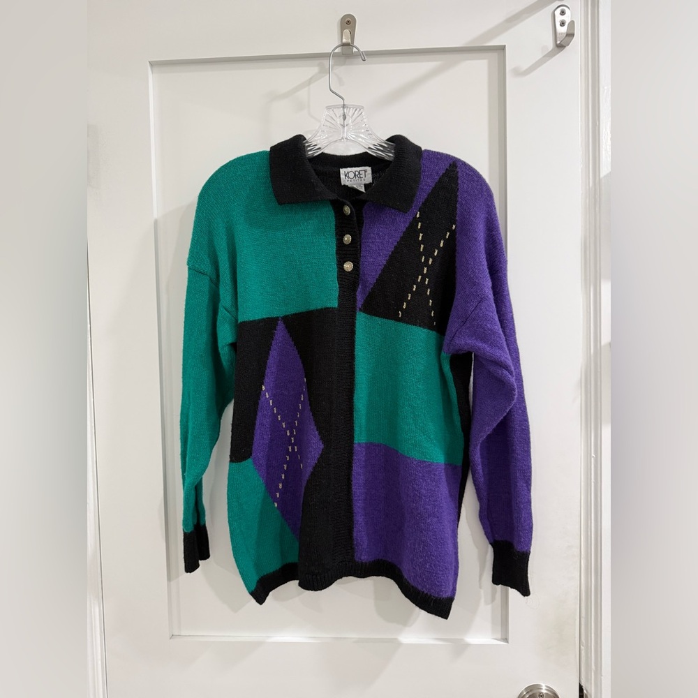 VTG Koret petites multicolor wool + acrylic colorblock / argyle collared sweater